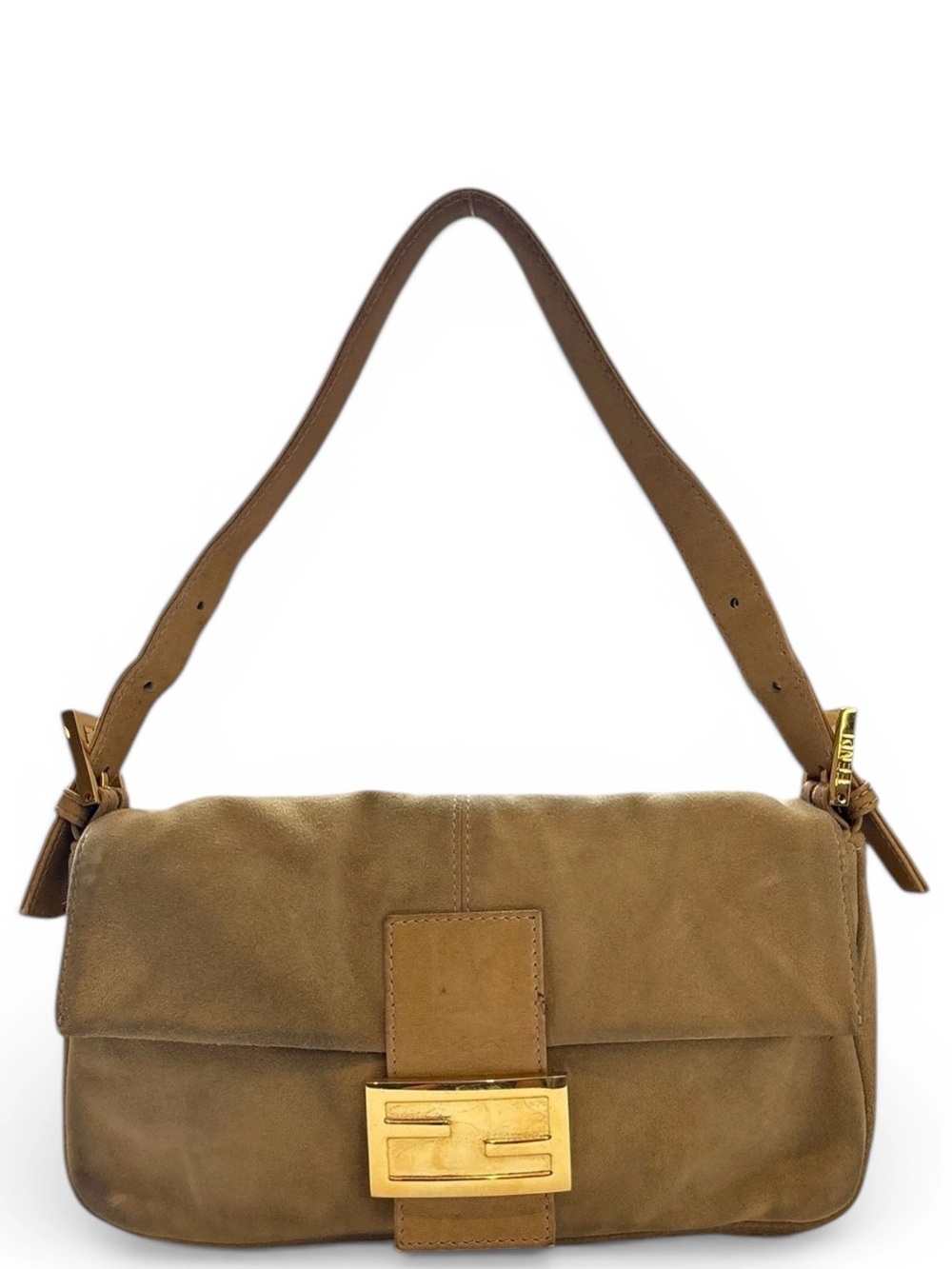 Fendi FF Logo Buttery Soft Camel Suede Baguette Bag Tan Gold